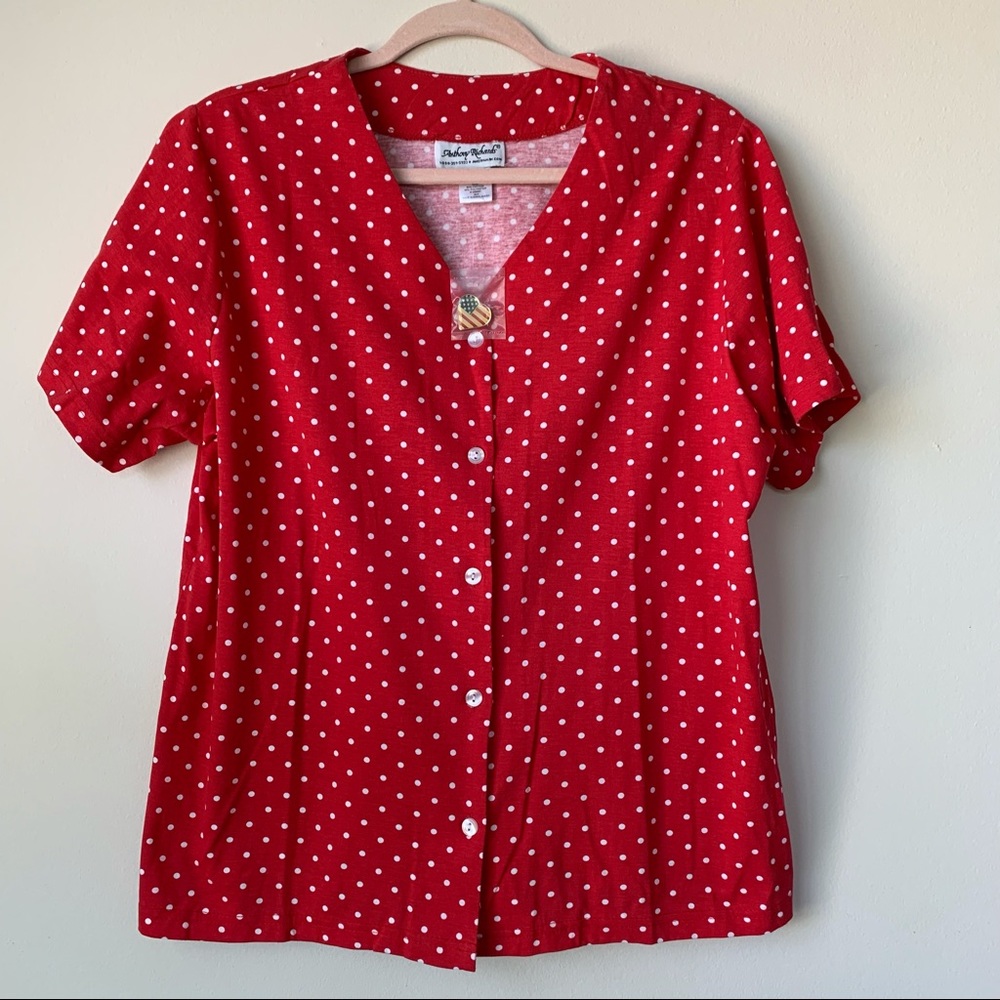 Anthony Richards Vintage NWOT Red Polka Dot Button Front Shirt Sz XLP Flag Pin
